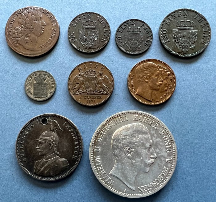 Allemagne, Empire, East Africa. Lot. 1/2 Groschen/Pfennig/Rupie/5 Mark 1740/1901 (9 pieces inkl. silver)