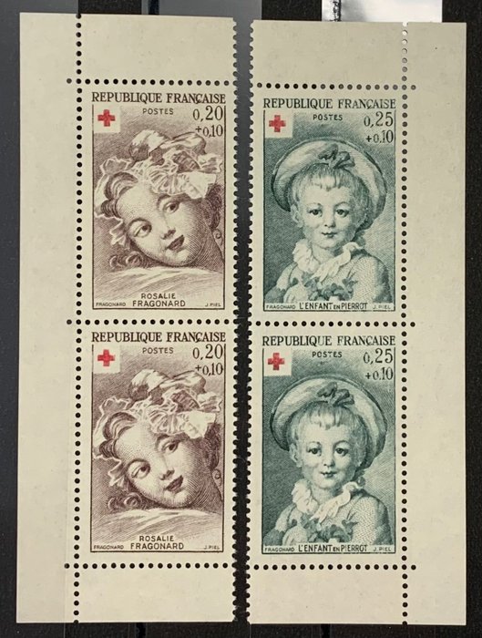 Frankrijk - Red Cross 1962, 2nd print run variety! The 2 values in pairs, VF. Quote: €440 - Yvert n° 1366a/67a