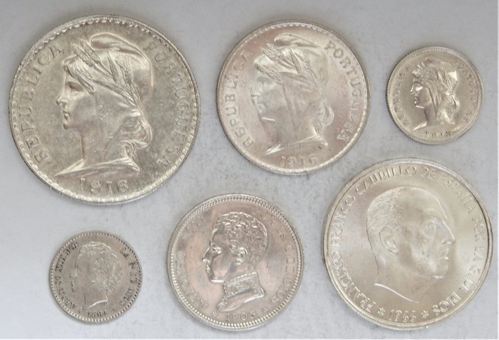 Espagne, Portugal. 10, 50 Centavos & 1 Escudo 1915/1916 + 50 Céntimos 1894 + 2 Pesetas 1905 + 100 Pesetas 1966 - Lot of 6 coins