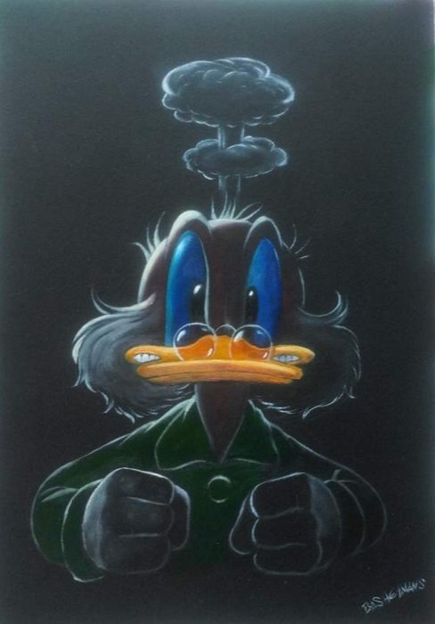 Bas Heymans - Schilderij - Olieverf op zwart aquarelkarton - 'Dagobert Duck portret boos