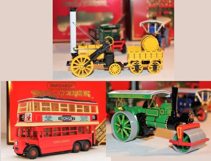 Matchbox - 1:60 / 1:64 & 1:76 - Models of Yesteryear - Special editions - #Y10: 1931 AEC Trolleybus "Diddler London" - # Y12: 1829 Stephensons Rocket - # Y21: 1894 Aveling Porter Roller