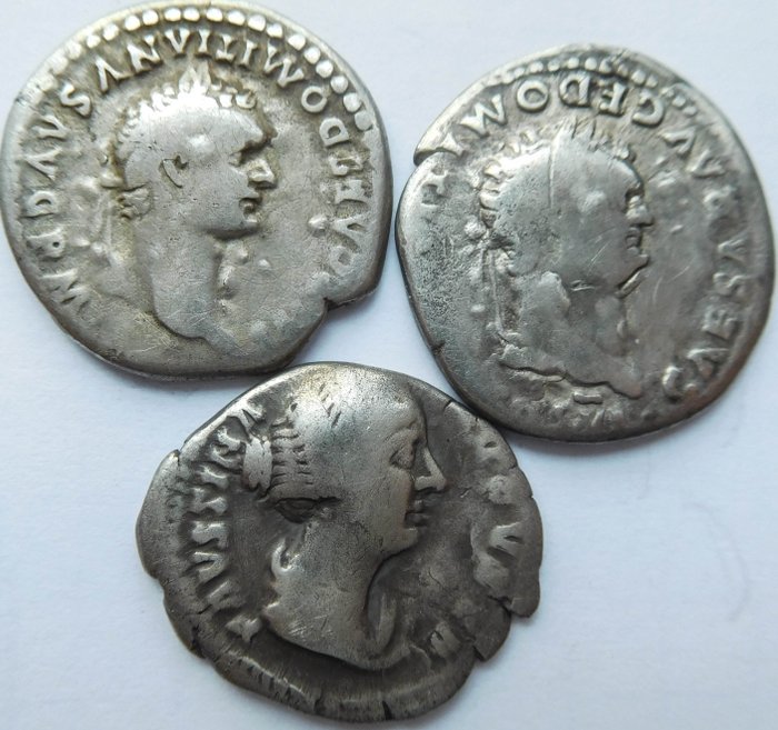 Roman Empire. Lot of 3 AR Denarii,  Domitian and Faustina II. 1st-2nd centuries AD