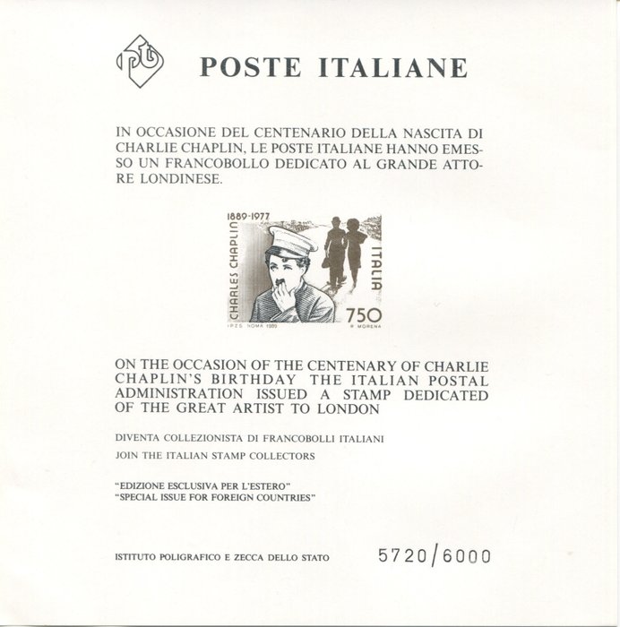 Italian Republic 1989 - Souvenir sheet numbered 5720/6000 - Unificato C2