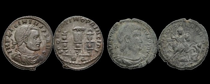 Roman Republic. Lot comprising 2 Æ coins,  incl.: Licinius I (308-324). Follis. Rome 312-313 / Magnentius (350-353). Centenionalis Trier