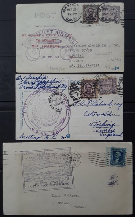 Verenigde Staten van Amerika - 2 Zeppelin documents + Akron document -Rückfahrt.Amerik.1928/Weltrundfahrt 1929/Transcontinental
