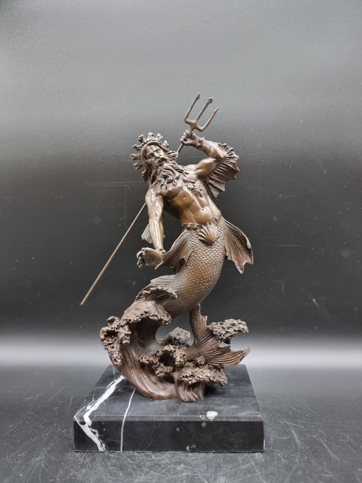塑像, Bronze Poseidon Statue ΠΟΣΕΙΔΩΝ - 33.5 cm - 大理石, 黄铜色
