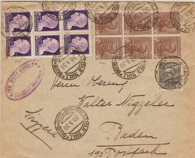 Koninkrijk Italië 1922/1929 - Letter and two postal stationery items, all in foreign rate, stamped with twin values - Sassone 127 - 224 - 241 - 244