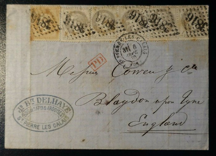 France - Napoléon n°28/27 bande de 4 + 1 sur lettre Losange GC 3816 -> Blaydon Royaume Uni