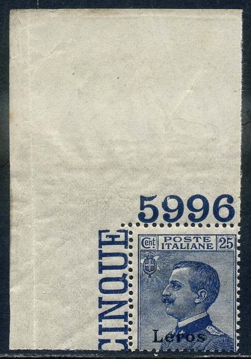 Italian Aegean Islands - Lero 1912 - Victor Emmanuel, first issue, 25 cents with plate number. Rare - Sassone N. 5