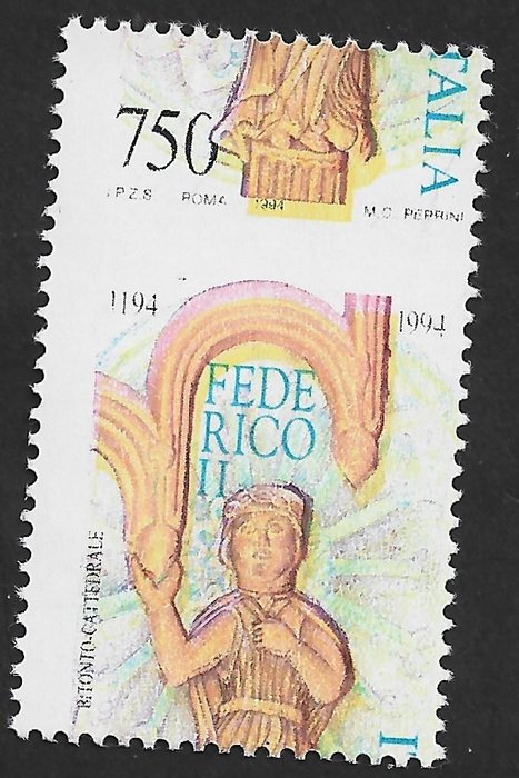 Italian Republic 1994 - Frederick II £750, strongly shifted perforation variety - Sassone varietà 2016