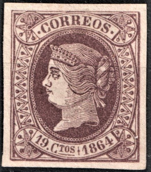 Spain 1864 - Isabella II, 19 cu violet over lilac. COMEX certificate - Edifil 66