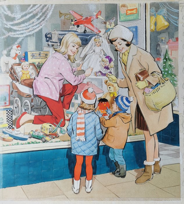 Hubbard, Mike - Originele gouache op board - "People you see" - Hunkeren voor kerstetalage - gepubliceerd in "Teddy Bear" - (1966)