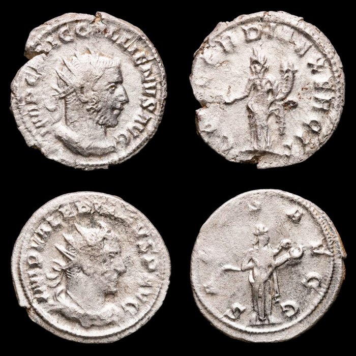Roman Empire. Gallienus (AD 253-268). Valerian I (253-260 A.D.) Lot comprising two Antoninianus,  SALVS AVGG, Salus and CONCORDIA EXERCIT, Concordia from Rome mint.
