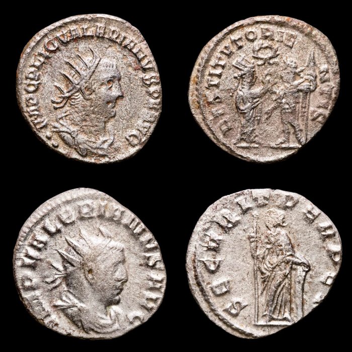 Roman Empire. Valerian I (AD 253-260). Lot comprising two Antoninianus,  Mediolanum, SECVRIT PERPET, Securitas / Samosata, RESTITVT ORIENTIS, the Orient presenting wreath.