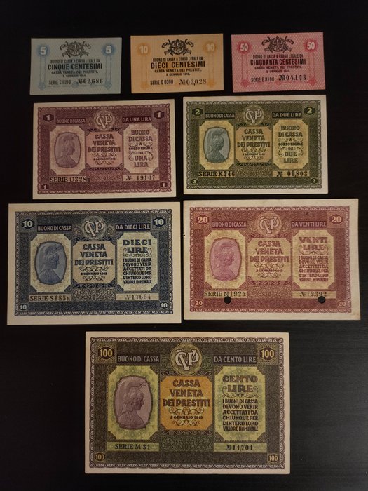 Italie, Cassa Veneta dei Prestiti - Lotto 8 banconote Lire 1918 - Gigante CVP 1A, 2A, 3A 4A, 5A, 6A, 7A, 8A