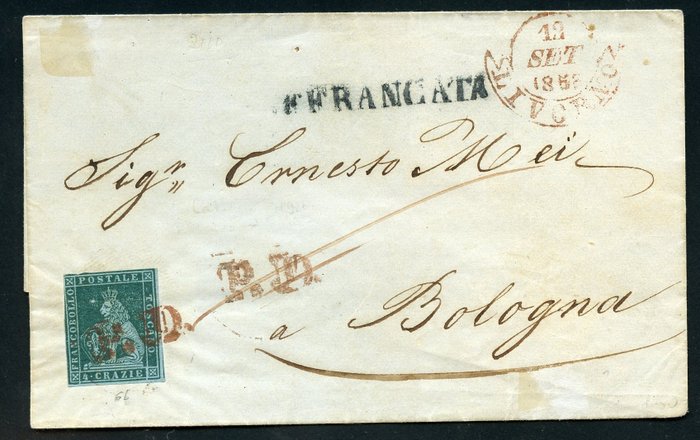 Italian Ancient States - Tuscany 1853 - Letter with 4 cr. green with Livorno “PD” cancellation - Sassone N. 6b