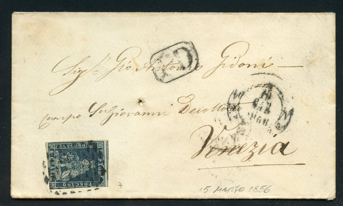 Italian Ancient States - Tuscany 1856 - Letter with 6 cr. light blue with Florence cancellation - Sassone N. 7
