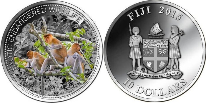 Fiji. 10 Dollars 2015 - Nasenaffe Proboscis Monkey High Relief - 2 Oz with COA and BOX