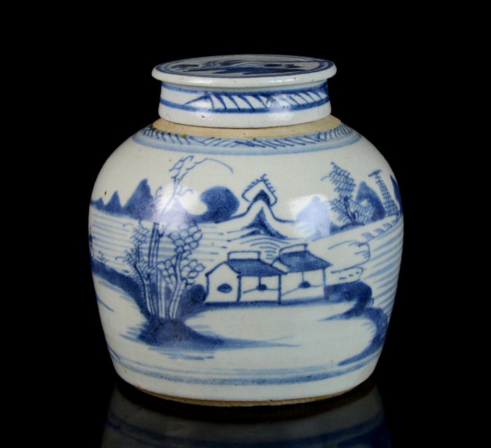 Un grande barattolo di zenzero cinese con coperchio (2) - Blu e bianco - Porcellana - Padiglioni sulle rive del fiume, paesaggio fluviale montuoso, pescatore - Cina - XIX secolo
