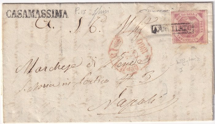 Anciens états italiens - Naples 1858 - 2 gr. on letter from Casamassima linear pt. 13 to Naples, very rare, with expertise - Sassone n.5