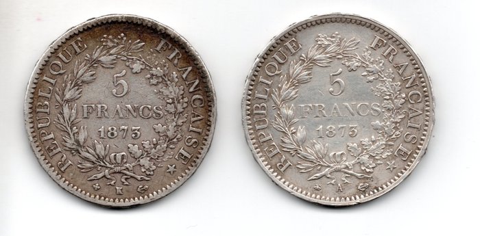 France. Third Republic (1870-1940). 5 Francs 1873-A et 1873-K Hercule (lot de 2 monnaies)
