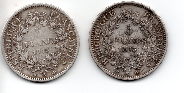 France. Third Republic (1870-1940). 5 Francs 1875-A et 1873-K Hercule (lot de 2 monnaies)