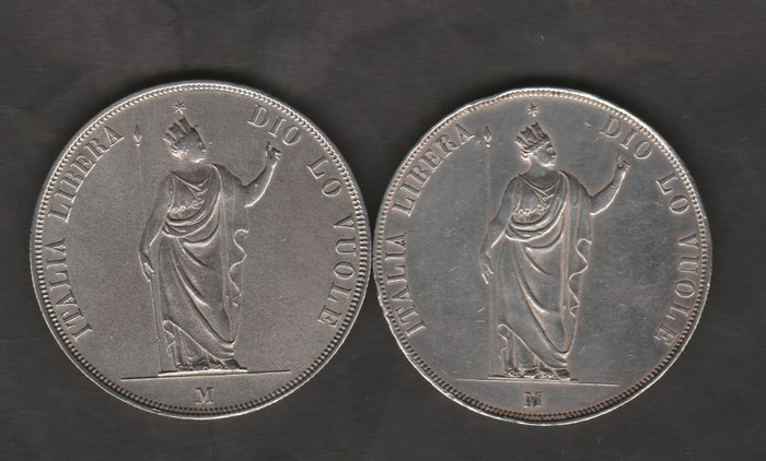 Italië, Voorlopige regering van Lombardije. 5 Lire (2 pezzi) 1848