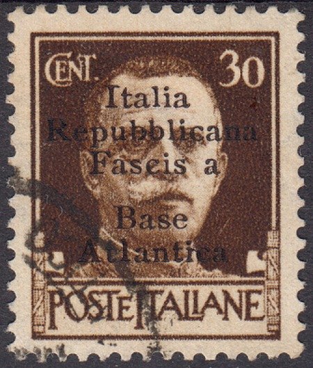 Royaume d’Italie 1943 - RSI Atlantic Base 10 c. brown with overprint error “Fascis a” instead of “Fascista” - Sassone n.10f