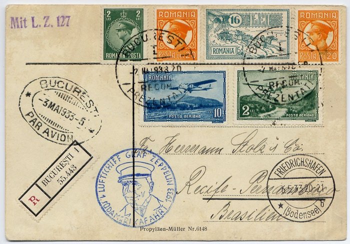 Roemenië 1933 - Zeppelin LZ 127 - 1° SAF SÜDAMERIKAFAHRT – First South America Flight : cover Bucharest to Recife