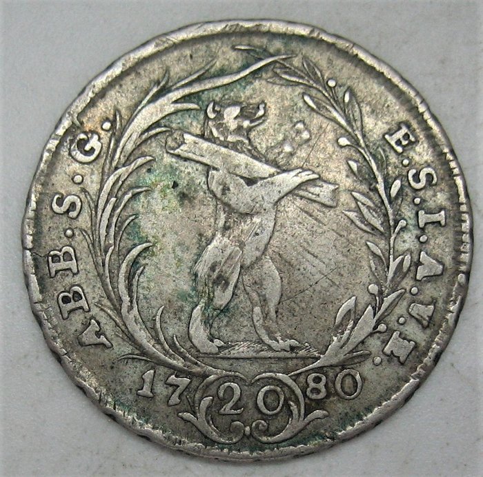 Suisse, Saint-Gall. Beda Angehrn von Hagenwil (1767-1796). 20 Kreuzer 1780 3rd type (RR)