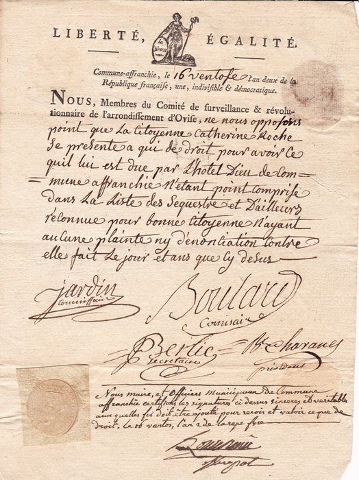 Commune-Affranchie ( Lyon ) Maire et Officiers municipaux - Terreur - Certificat de non dénonciation - 1794