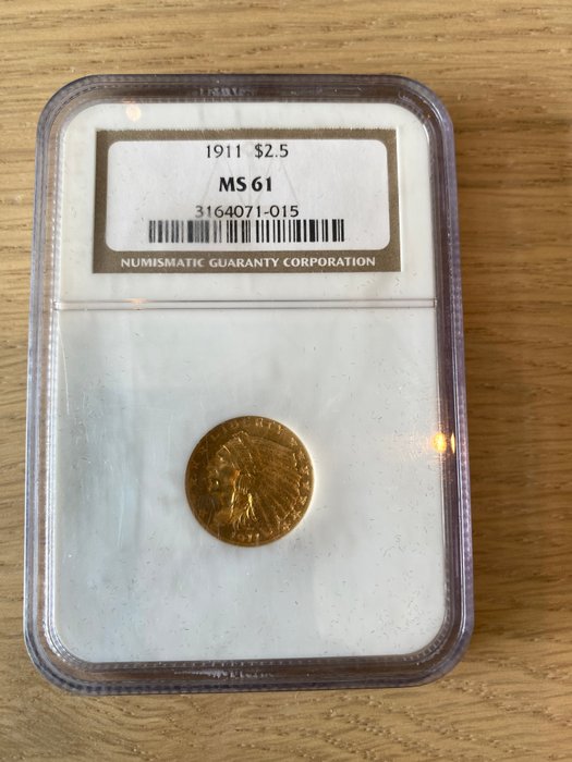 USA. 2 1/2 Dollars 1911 Indian Head in MS61 NGC Slab