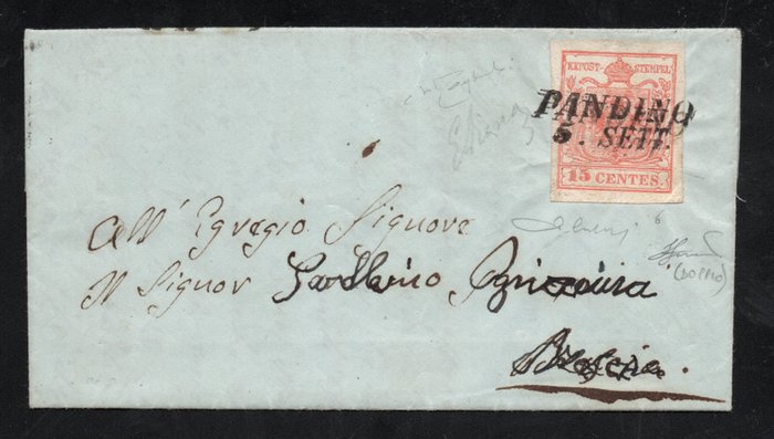 Italiaanse oude staten - Lombardije Venetië 1853 - 15 cent rosso III° su lettera, annullo Pandino pt.12