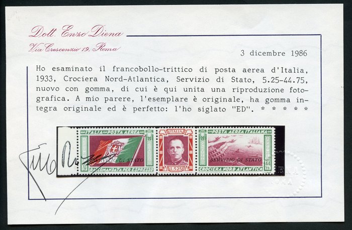 Königreich Italien 1933 - State service triptych - Sassone N. S 1