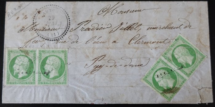 France - Napoleon N°12 x4 (2 pairs) on letter cancelled with diamond PC 204 Auzon Index 18 -> Clermont