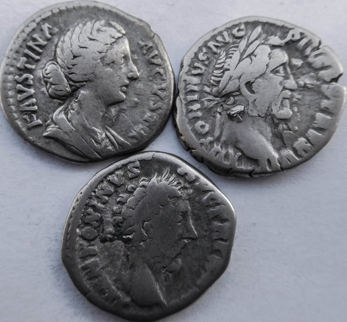 Roman Empire. Lot of 3 AR Denarii,  Faustina II (Augusta, AD 147-175); Antoninus Pius (AD 138-161) and Marcus Aurelius (AD 161-180)