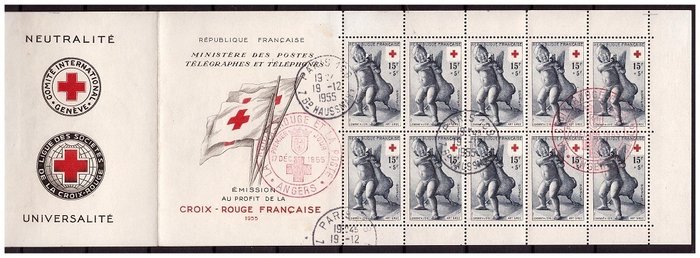 France 1955 - Carnet Croix-Rouge Sans Charnières avec cachets à date 19/12/55 Paris et 1er Jour 17 Dec 1955 Rouge