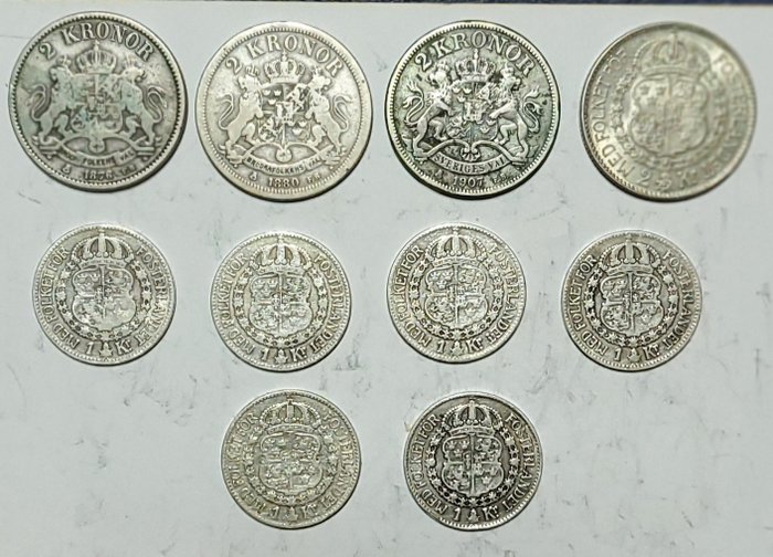 Suède. 1 Kroner + 2 Kroner 1876/1936 (10 pieces)