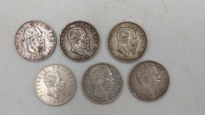 Italië, Koninkrijk Italië. 5 Lire 1872, 1873, 1874, 1875, 1879 (6 monete)