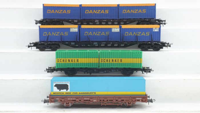 Roco H0 - 4363/4499A/46300 - Freight carriage - 4 stake flat cars with cargo containers - DB