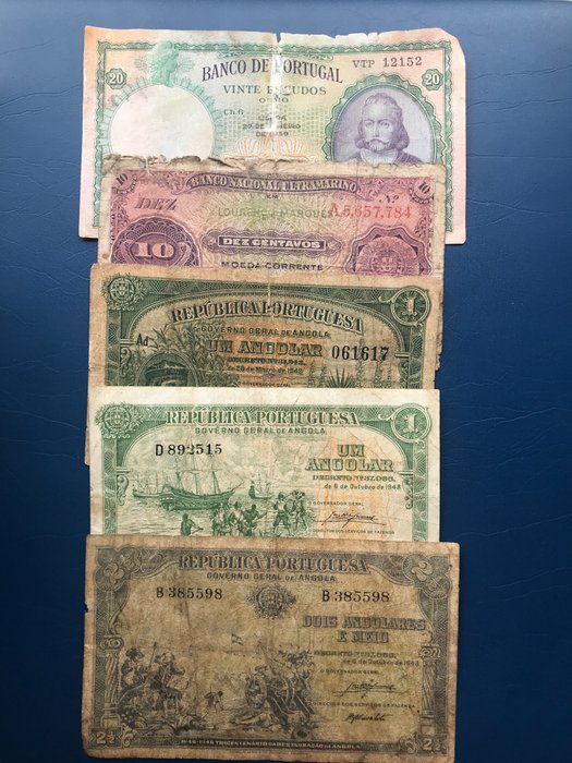 Angola, Portugal - 5 Banknotes - 1, 2½ , Angolares , 10 Centavos  & 20 Escudos - Various dates
