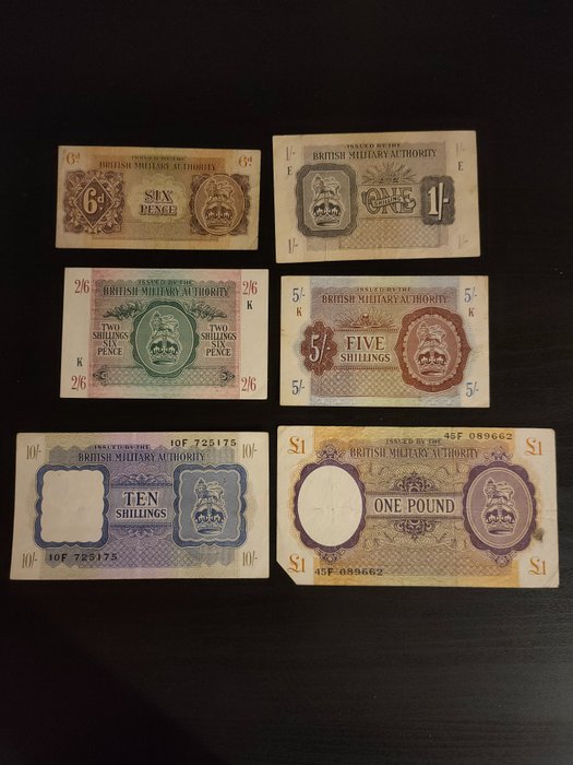 Grande Bretagne, Autorité militaire britannique - 6, 1, 2/6, 5, 10 Shilling, 1 Pound 1943