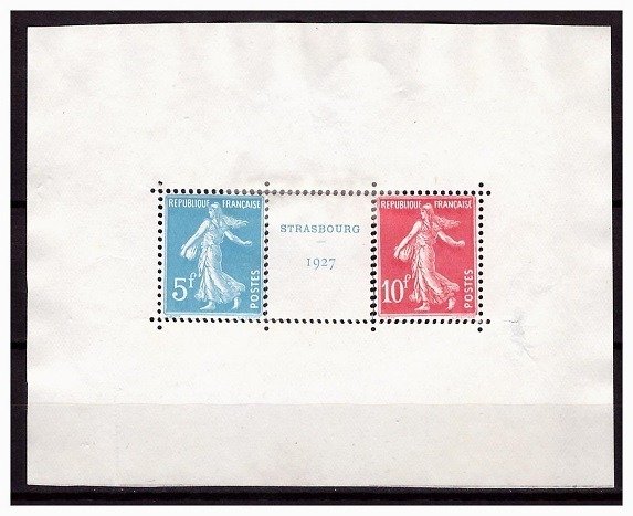 France 1927 - Philatelic Exhibition of Stasboug 1927 Mint, Mint without gum 2nd Choice - Yvert n°242A paire avec intervalle / Bloc N°2