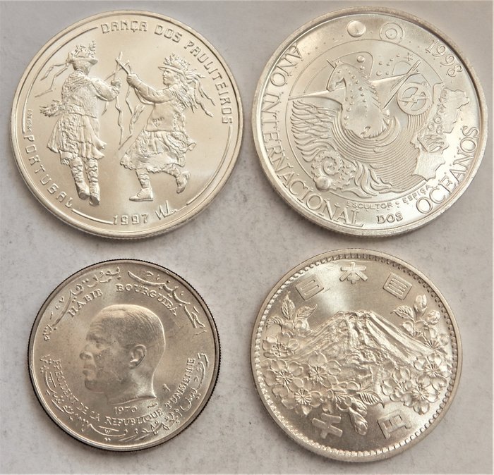 Japan, Portugal, Tunisia. 1000 Yen 1964 + 1000 Escudos 1997/1998 + 1 Dinar 1970 4 coins)