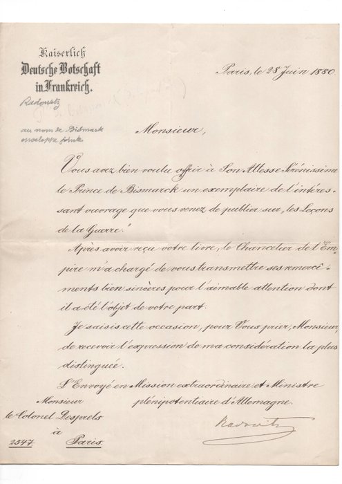 Joseph von Radowitz - diplomate et ministre des affaires étrangères allemand - lettre signée écrite au nom de Bismarck - 1880