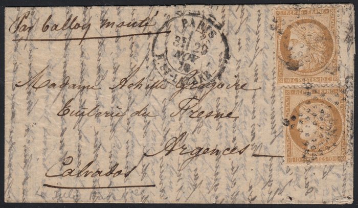 Frankrijk 1870 - Balloon mail ‘Le Jules Favre n°2’ bound for Argences, BEHR Certificate