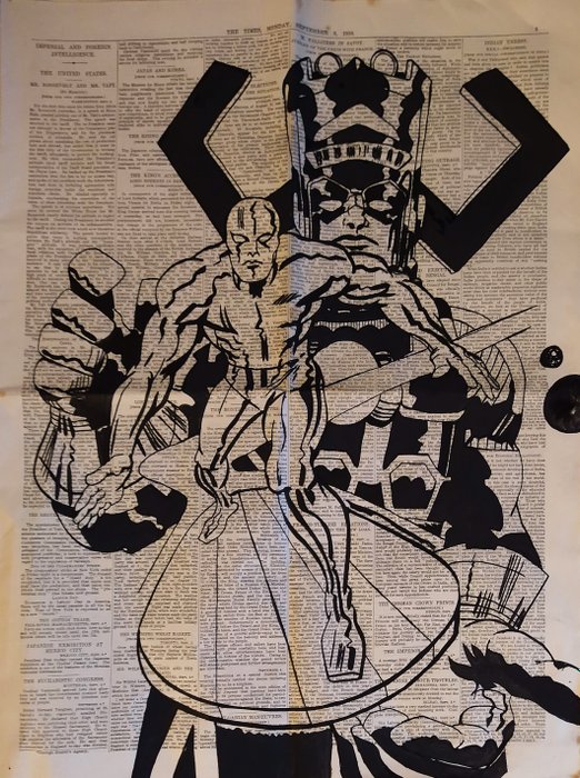 The Silver Surfer - Original hand painted on old page of The Times (1910) - Prima edizione