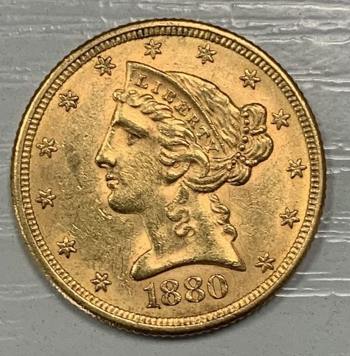 Verenigde Staten. 5 Dollars 1880 S, Liberty Head (8,36 g d'or .900)