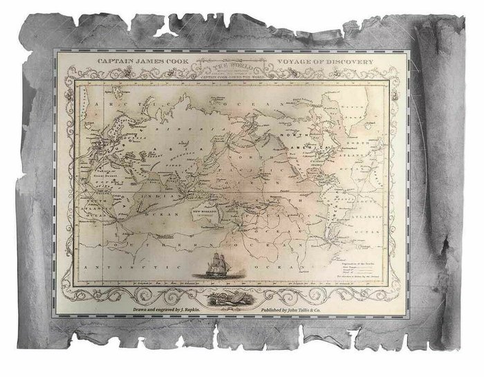 Îles Cook. 5 Dollars 2020 Captain Cook's Voyage of Discovery Map Shaped Silver Note