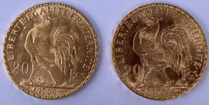 France. 20 Francs 1904 'Coq Marianne' (2 pieces)
